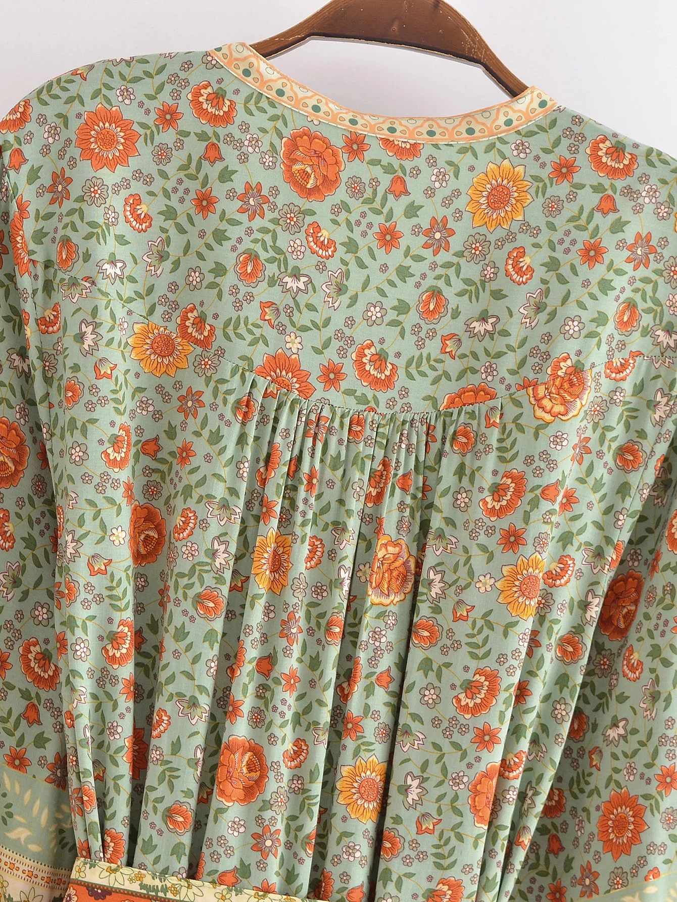 Green Whimsy Boho Floral Print Long Sleeve Mini Dress