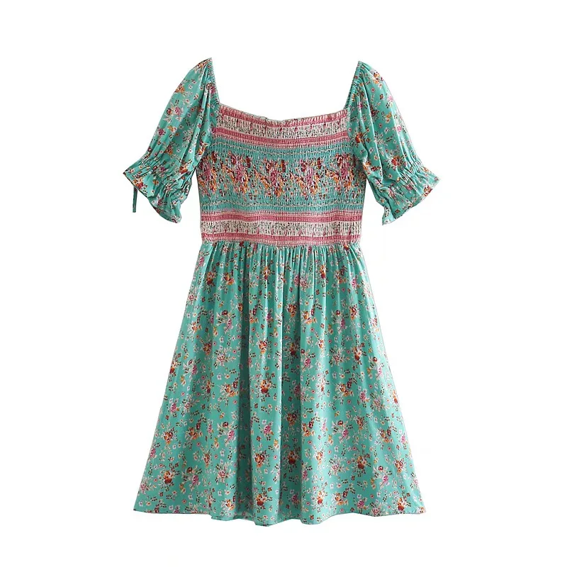 Green Floral Fantasy Boho Floral Print Mini Dress