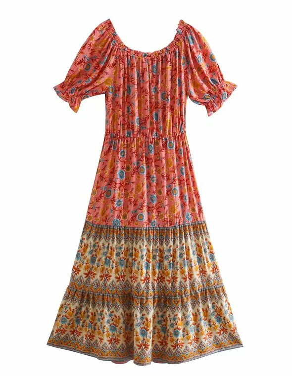 Coral Pink Boho Floral Print Midi Dress