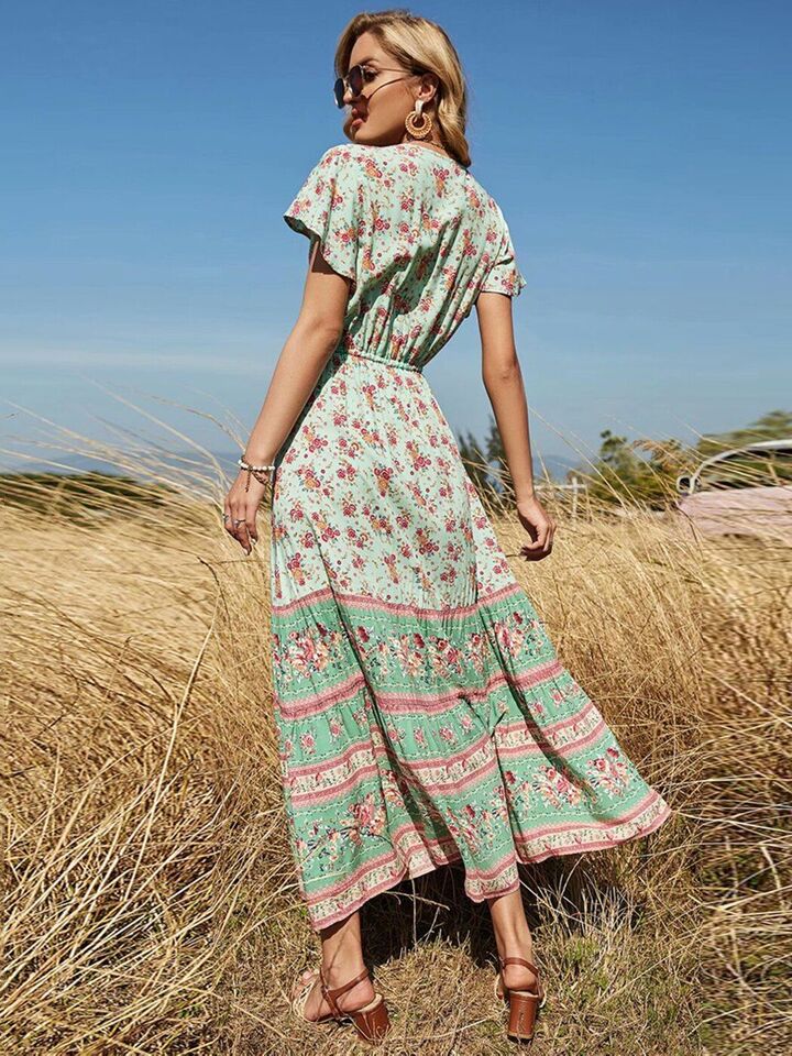 Woodland Rose Boho Floral Print Midi Dress