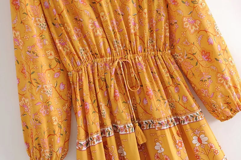 Golden Daffodil Boho Floral Print Mini Dress