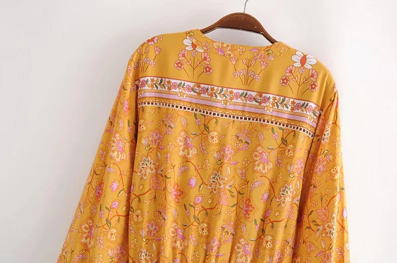 Golden Daffodil Boho Floral Print Mini Dress