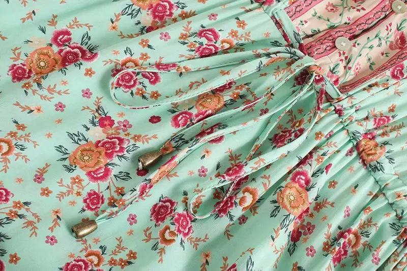 Mint Rosebud Boho Floral Print Maxi Dress