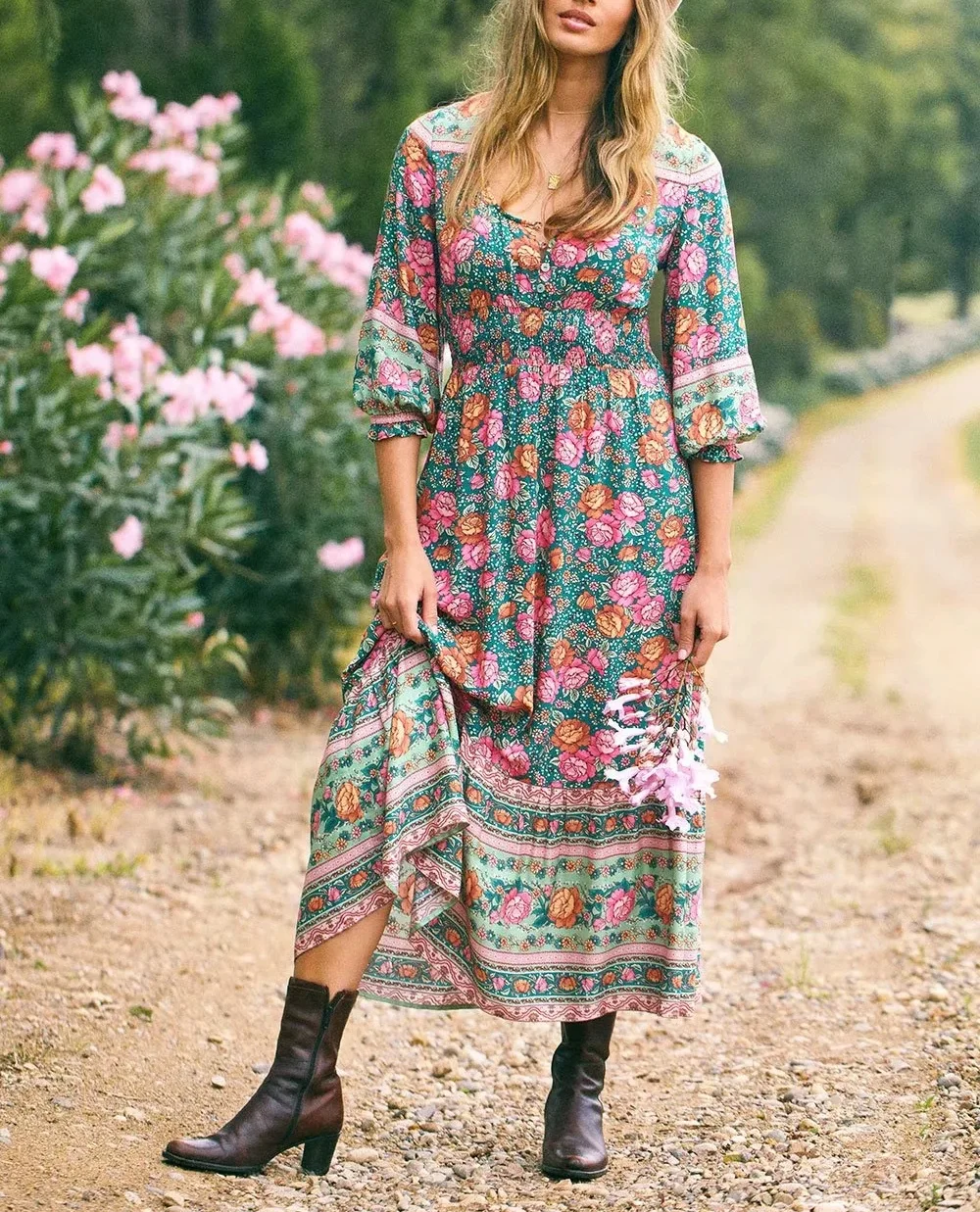 Enchanting Teal Boho Floral Print Midi Dress