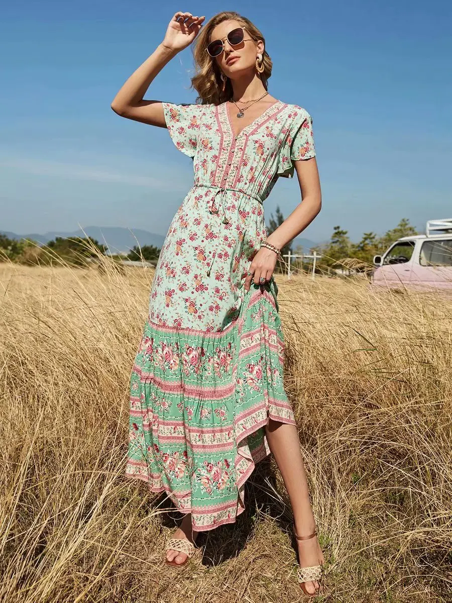 Mint Rosebud Boho Floral Print Maxi Dress