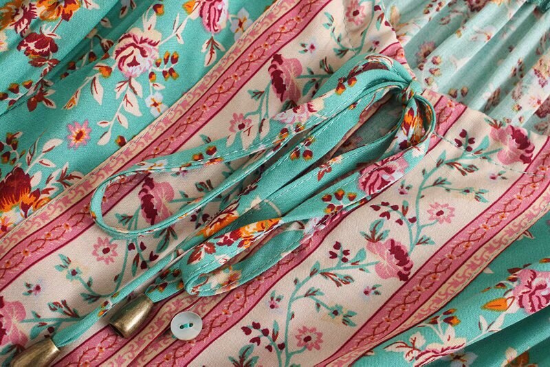 Mint Rose Garden Boho Floral Print Maxi Dress