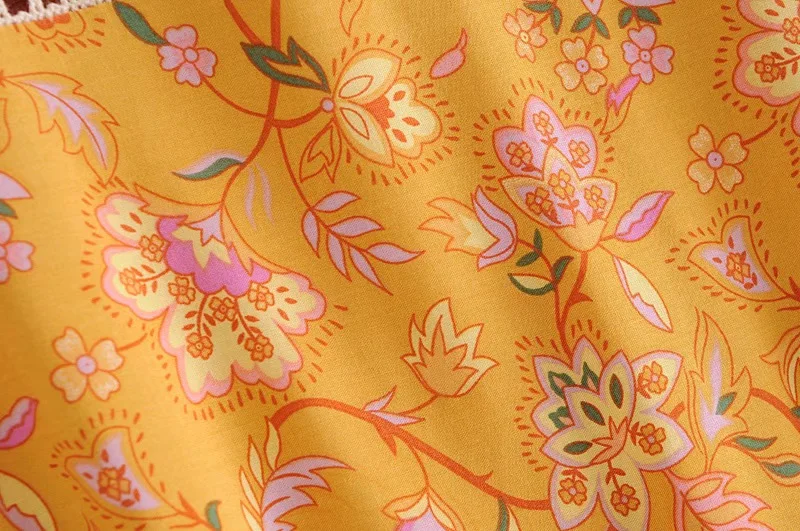 Golden Daffodil Boho Floral Print Mini Dress