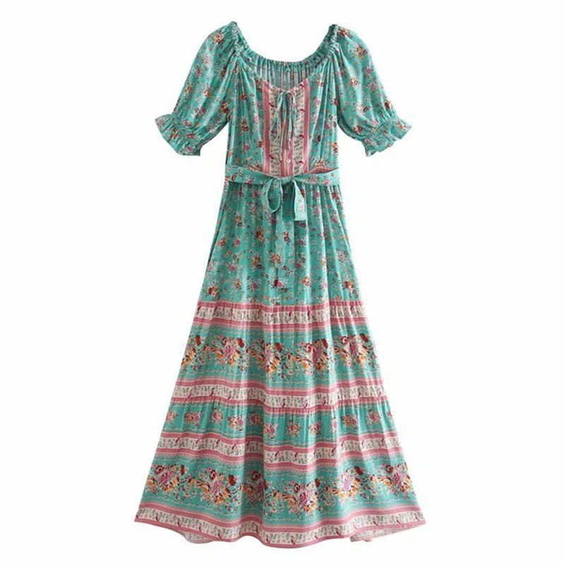 Mint Rose Garden Boho Floral Print Maxi Dress