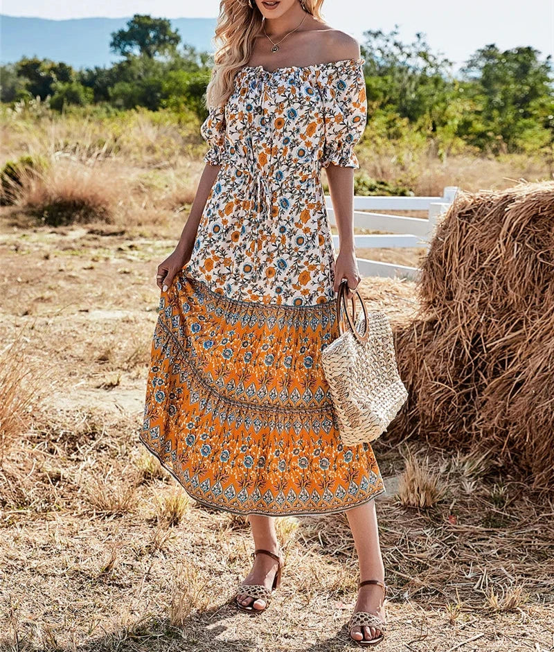 Sunlit Marigold Boho Floral Print Midi Dress