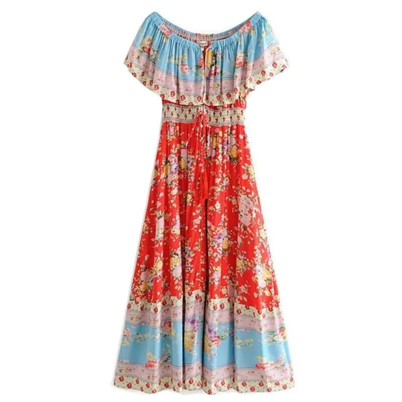 Romantic Red Boho Floral Print Maxi Dress