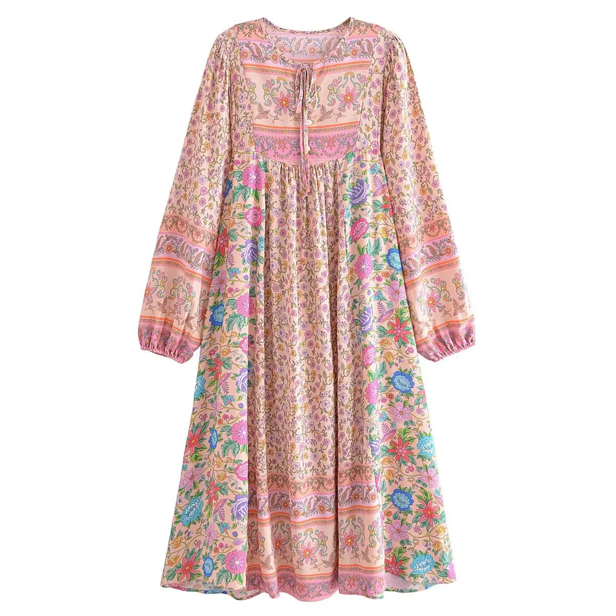 Pink Wonderland Boho Floral Print Long Sleeve Maxi Dress