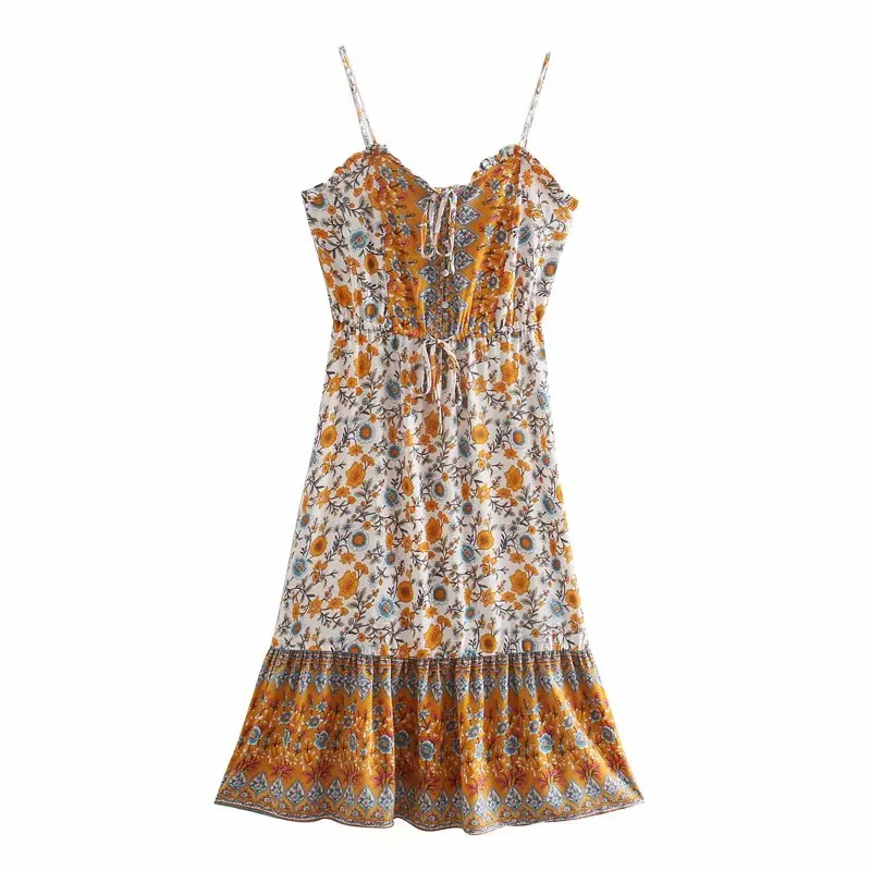 Sunset Bloom Boho Floral Print Midi Dress