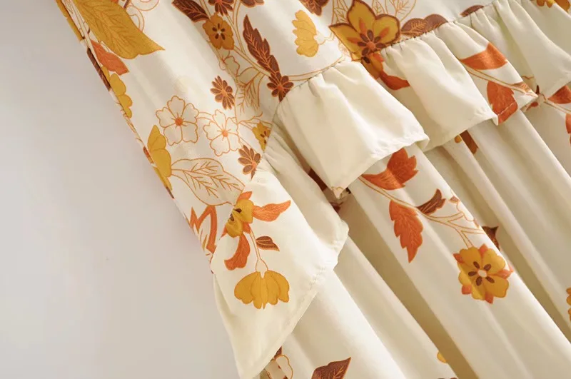 Golden Bloom Boho Floral Print Midi Dress