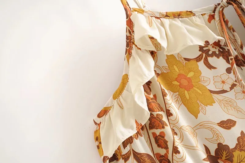 Golden Bloom Boho Floral Print Midi Dress