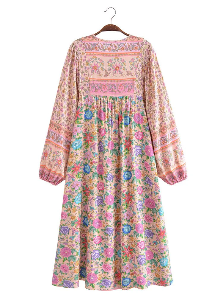 Pink Wonderland Boho Floral Print Long Sleeve Maxi Dress