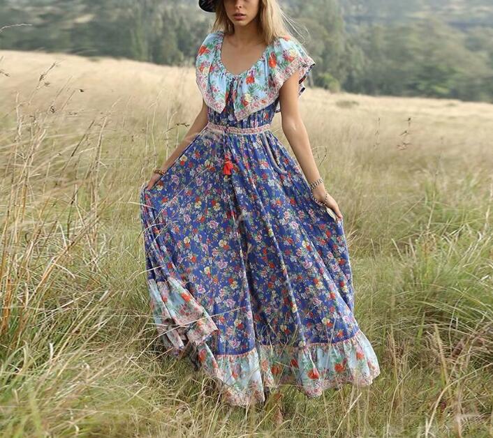 Blissful Blue Boho Floral Print Maxi Dress