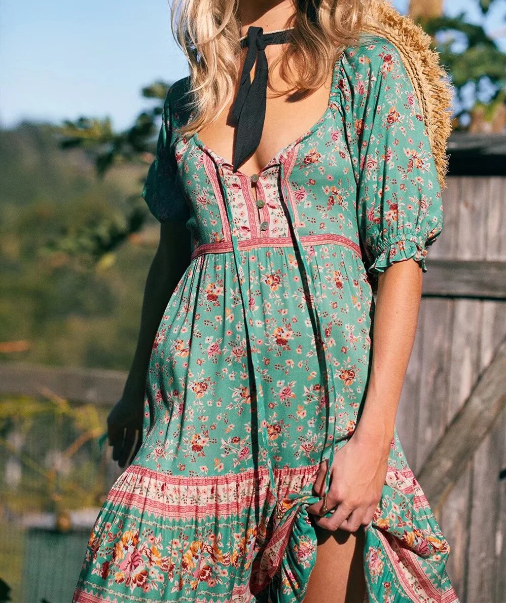 Mint Rose Garden Boho Floral Print Maxi Dress