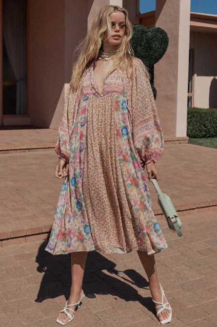 Pink Wonderland Boho Floral Print Long Sleeve Maxi Dress