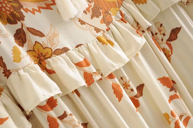 Golden Bloom Boho Floral Print Midi Dress