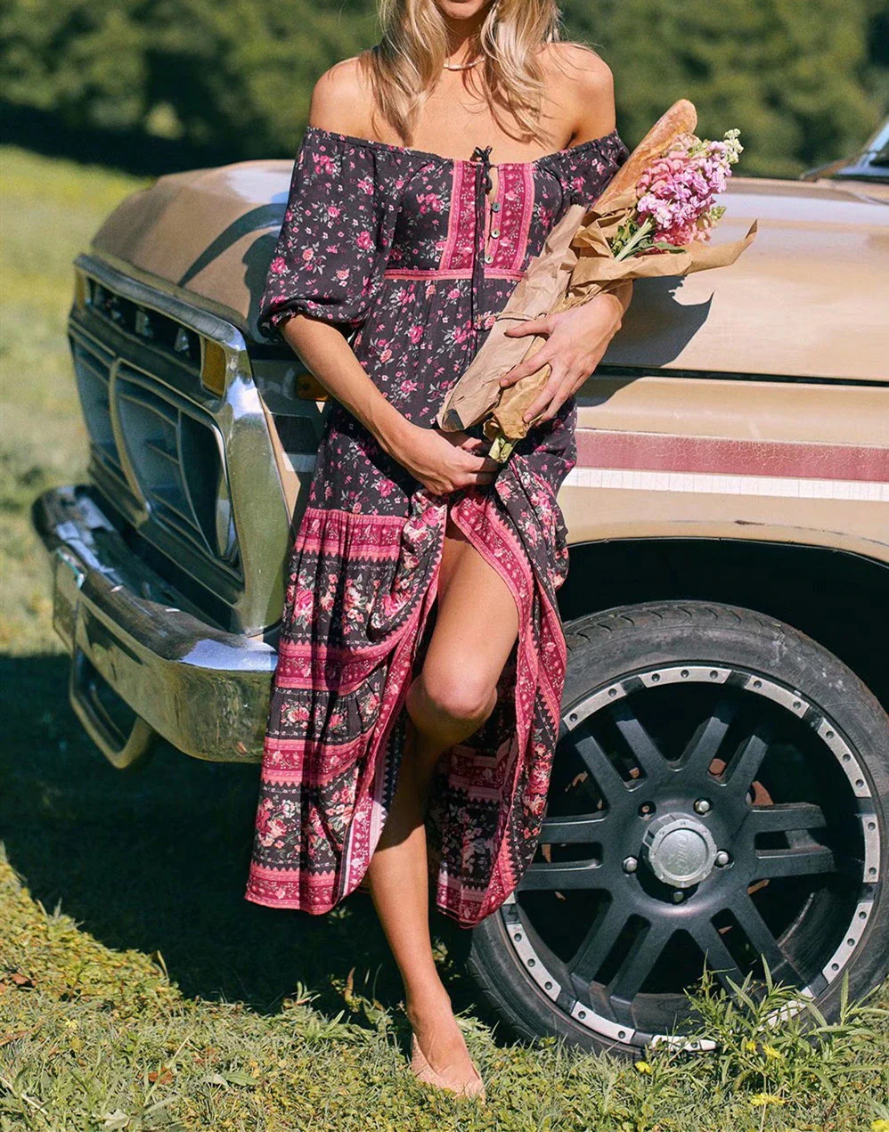 Black Rose Garden Boho Floral Print Maxi Dress