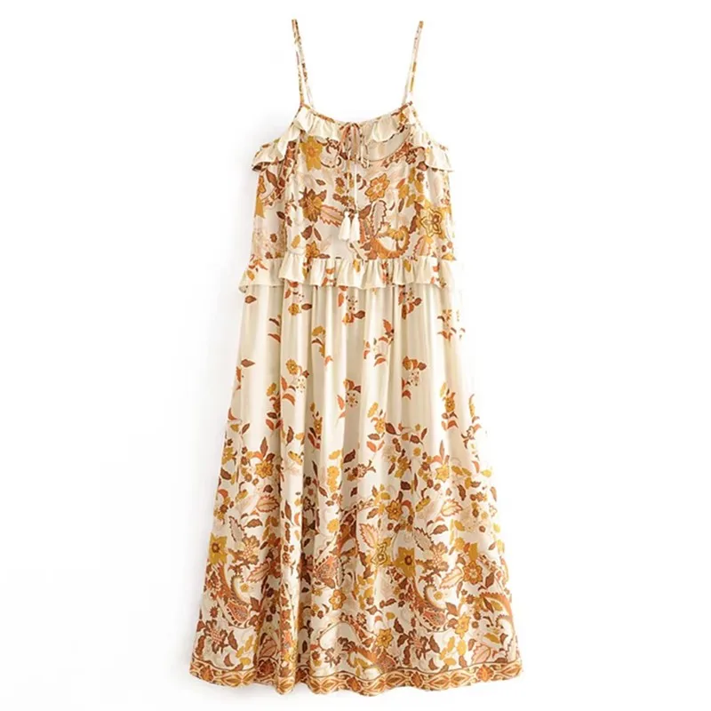 Golden Bloom Boho Floral Print Midi Dress
