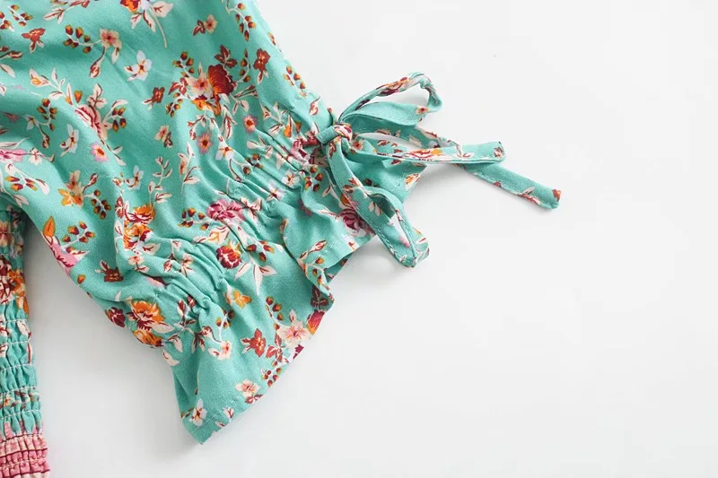 Green Floral Fantasy Boho Floral Print Mini Dress