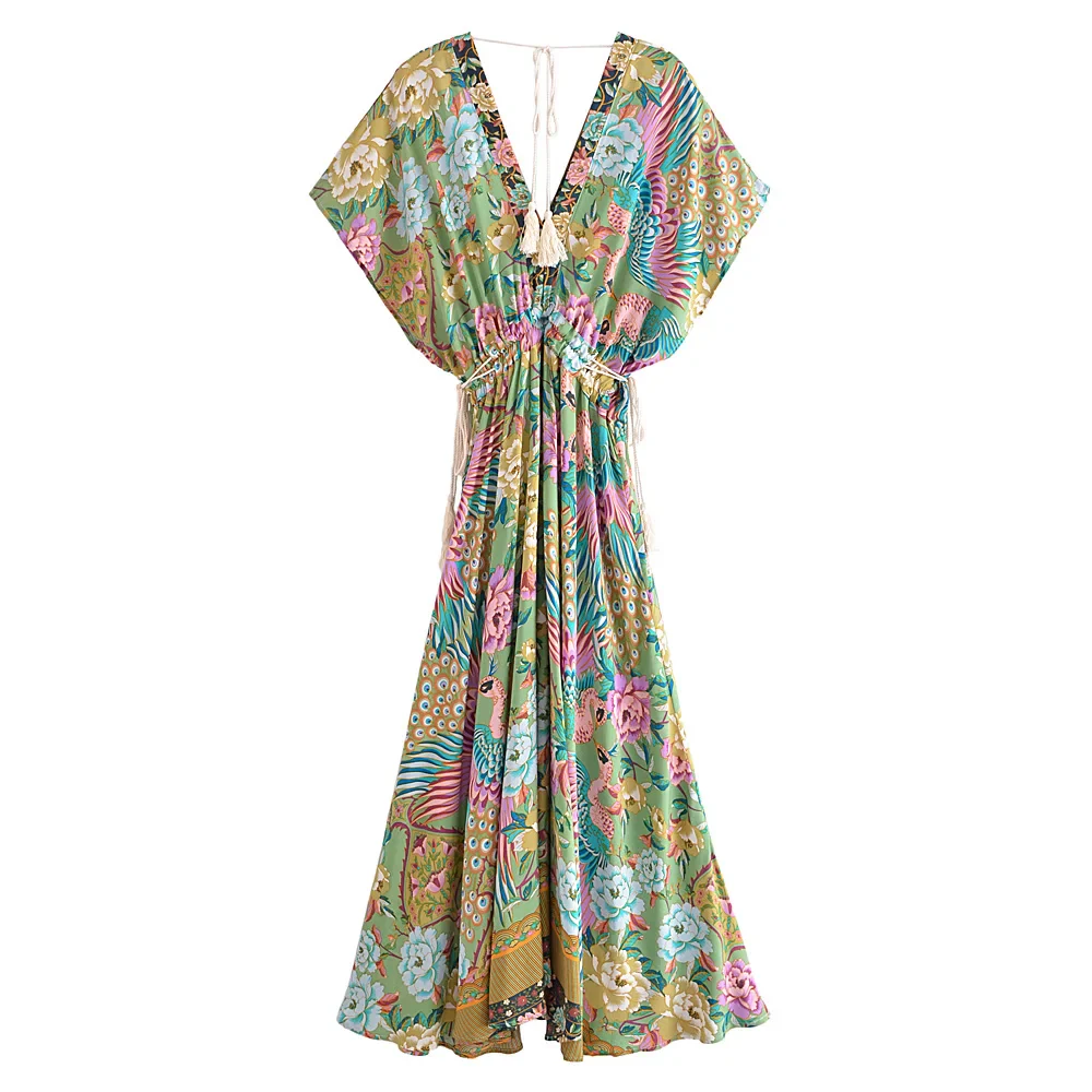 Jade Songbird Boho Floral Print Midi Dress