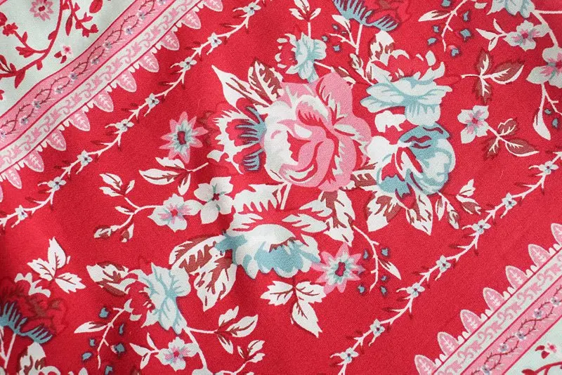 Red Rose Garden Boho Floral Print Maxi Dress