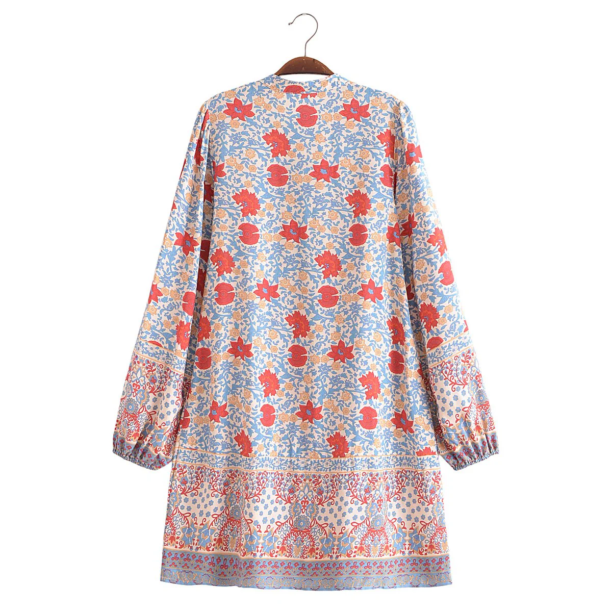 Tranquil Blue Boho Floral Print Long Sleeve Mini Dress