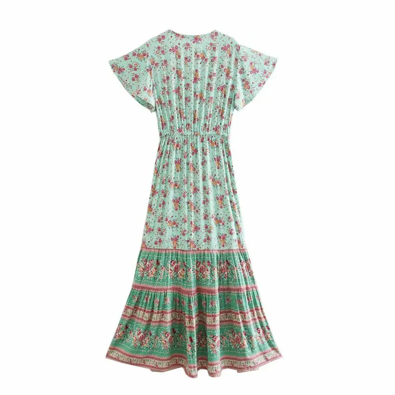 Mint Rosebud Boho Floral Print Maxi Dress