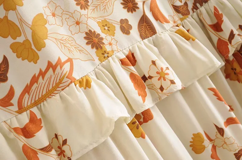 Golden Bloom Boho Floral Print Midi Dress