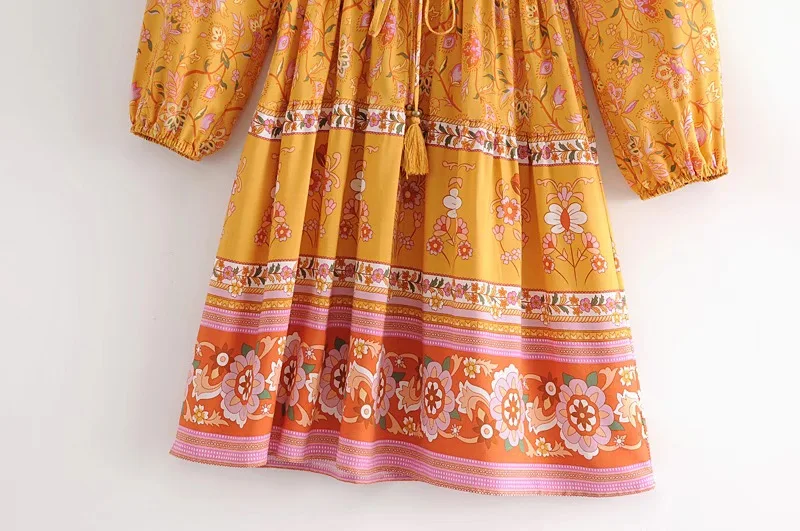 Golden Daffodil Boho Floral Print Mini Dress