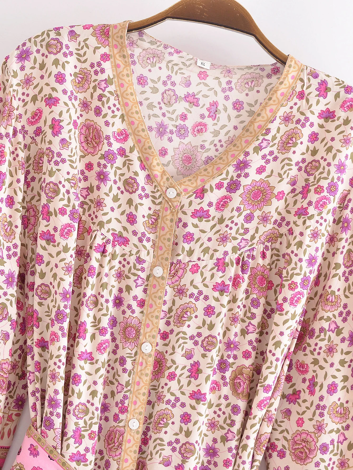 Pink Whimsy Boho Floral Print Long Sleeve Mini Dress