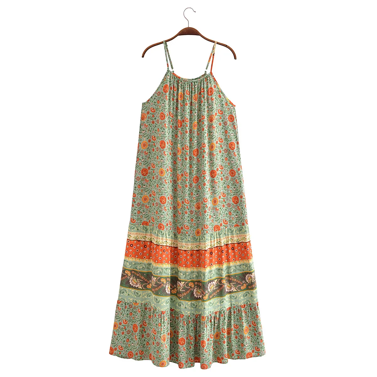 Green Whimsy Boho Floral Print Maxi Dress