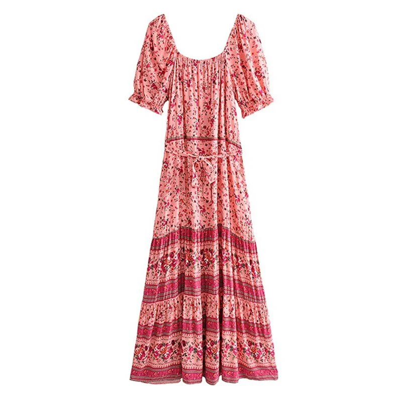 Pink Rose Garden Boho Floral Print Maxi Dress