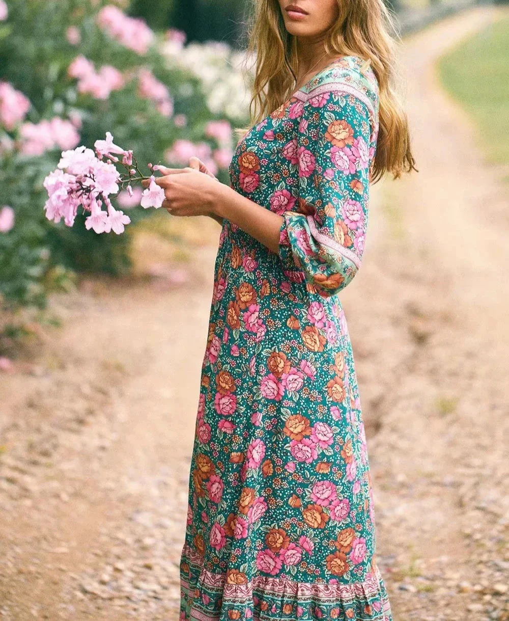 Enchanting Teal Boho Floral Print Midi Dress