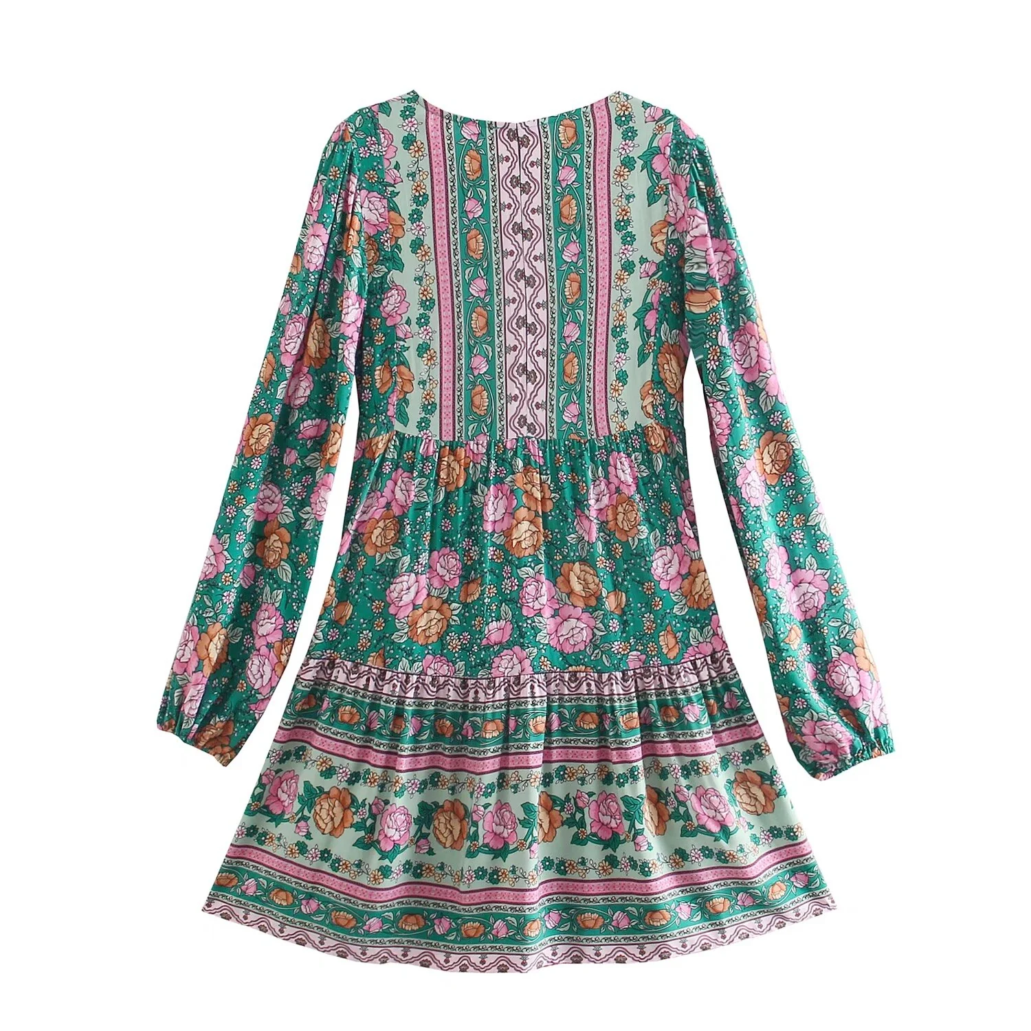 Teal Rose Dream Boho Floral Print Mini Dress