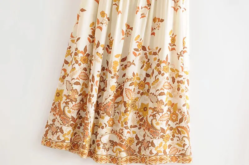 Golden Bloom Boho Floral Print Midi Dress