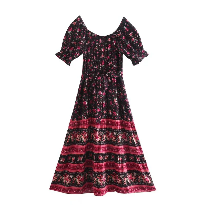 Black Rose Garden Boho Floral Print Maxi Dress