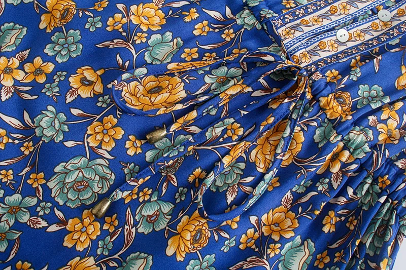 Sapphire Meadow Boho Floral Print Midi Dress