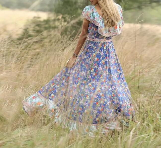 Blissful Blue Boho Floral Print Maxi Dress
