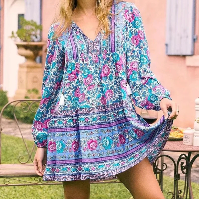 Periwinkle Rose Dream Boho Floral Print Mini Dress