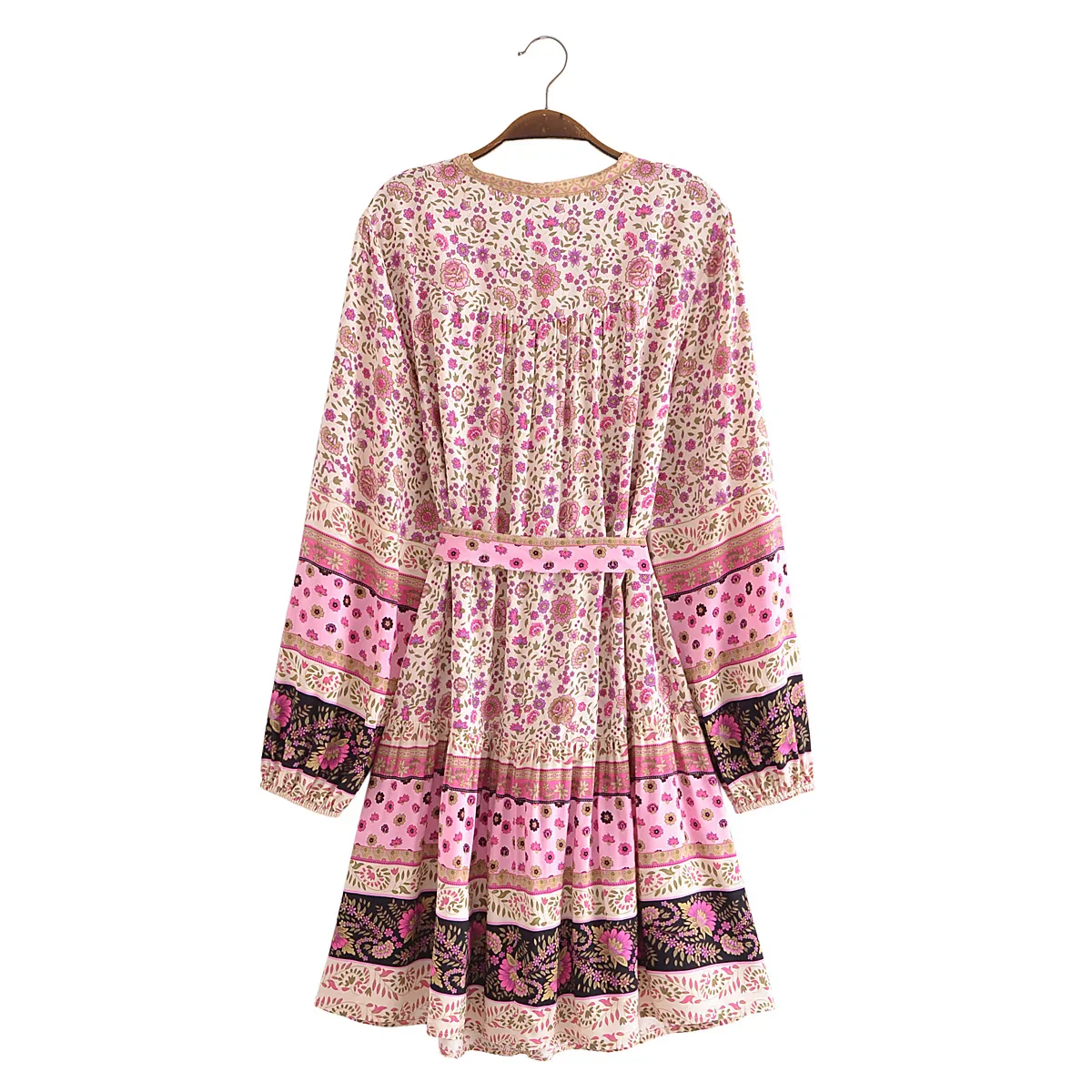 Pink Whimsy Boho Floral Print Long Sleeve Mini Dress