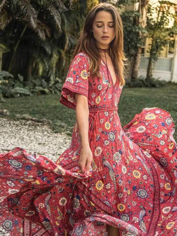 Red Songbird Boho Floral Print Midi Dress