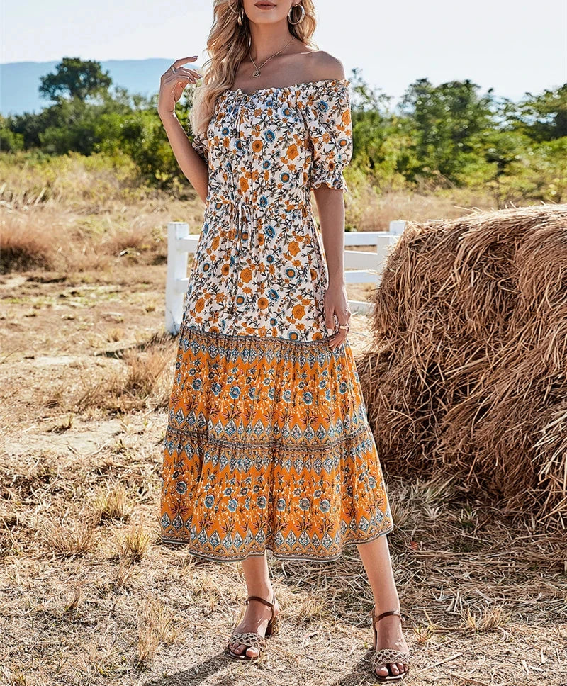 Sunlit Marigold Boho Floral Print Midi Dress