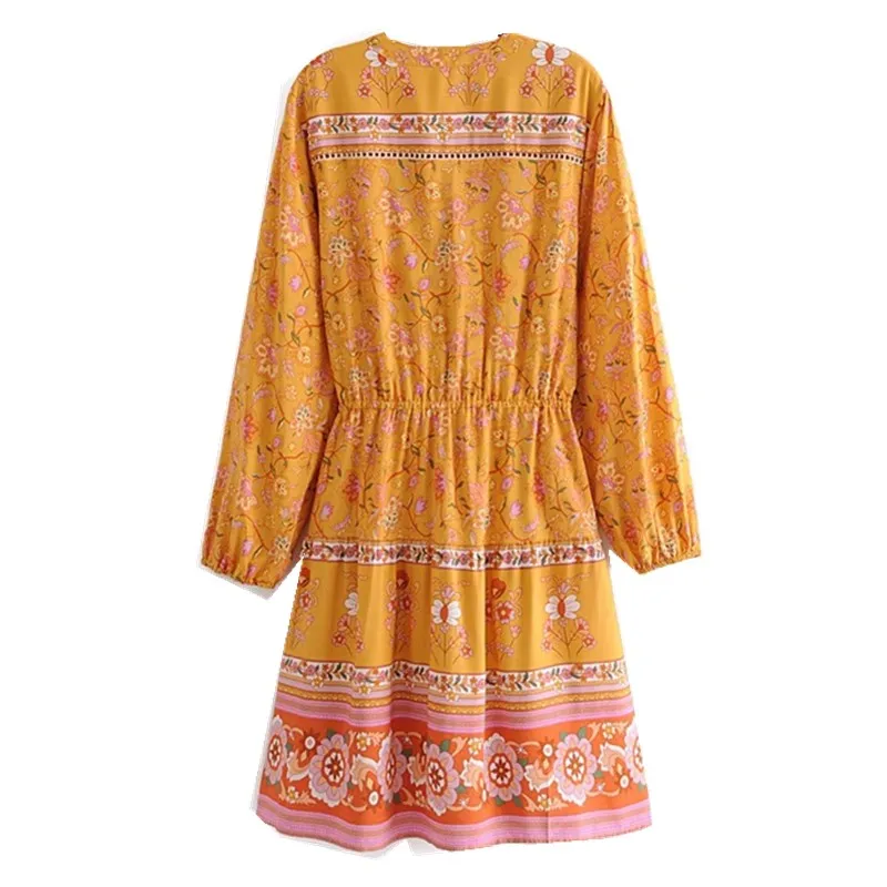 Golden Daffodil Boho Floral Print Mini Dress