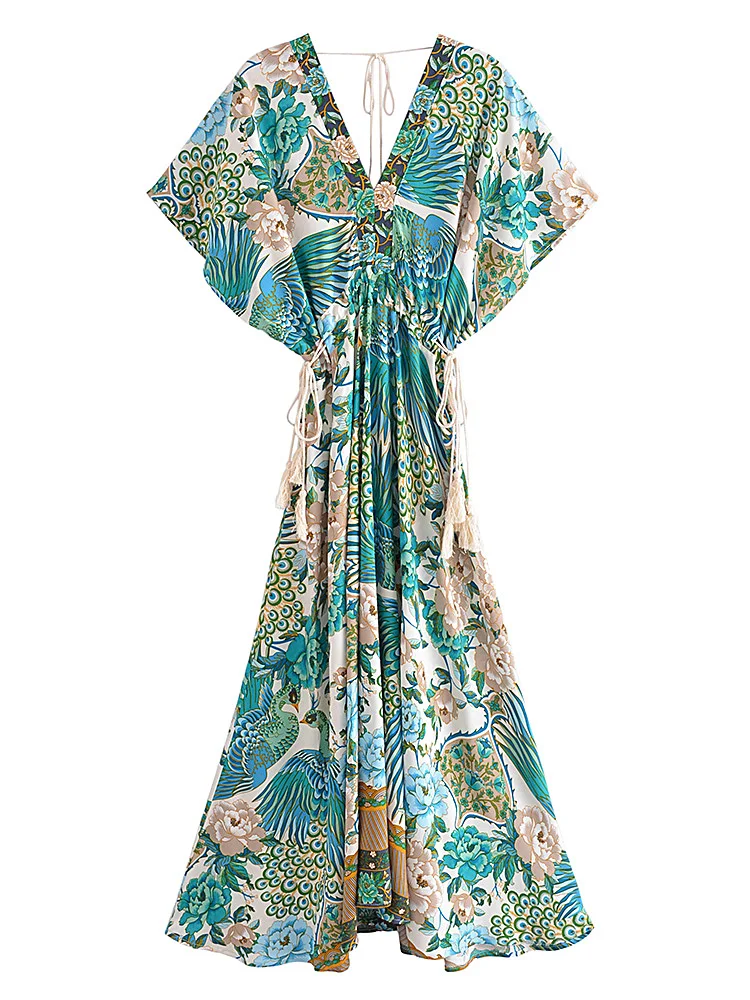 Teal Songbird Boho Floral Print Midi Dress