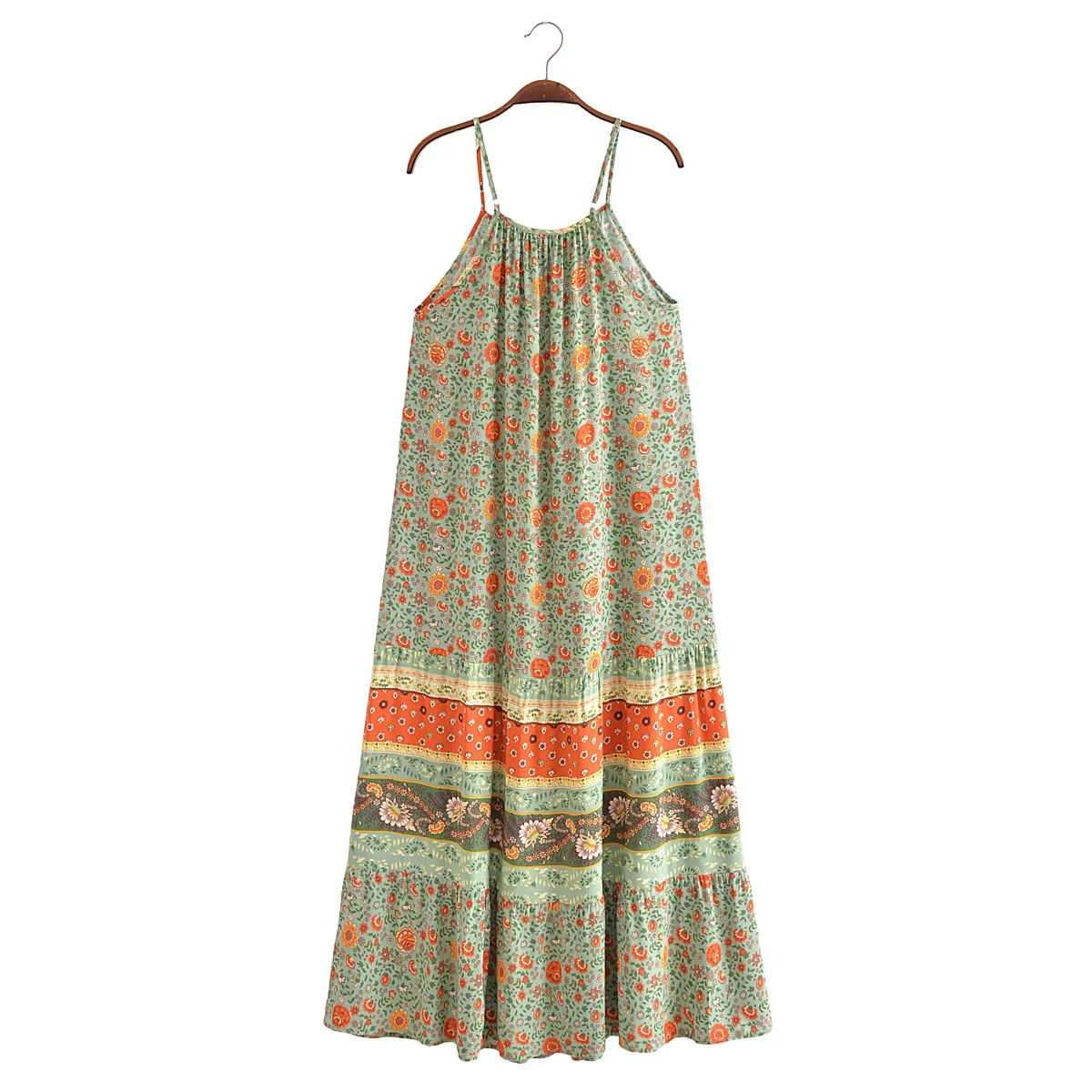 Green Whimsy Boho Floral Print Maxi Dress
