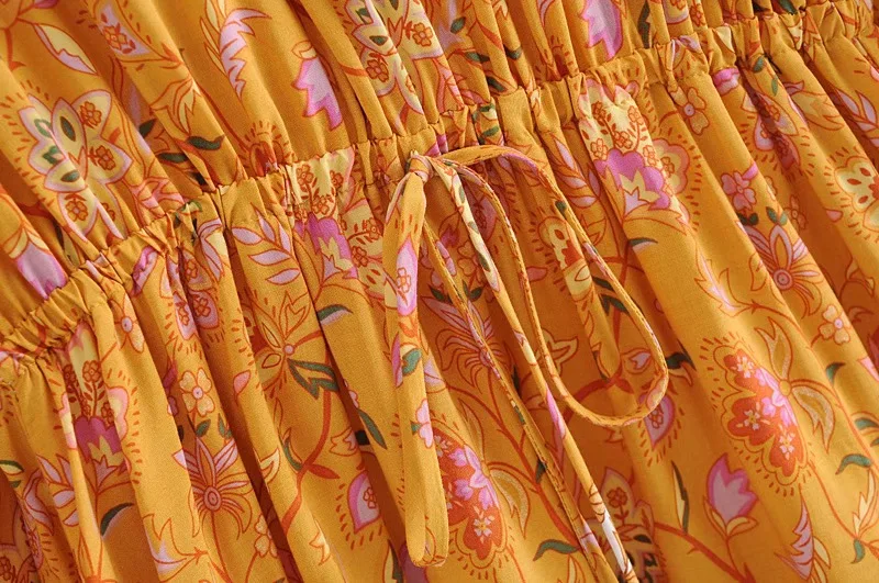 Golden Daffodil Boho Floral Print Mini Dress