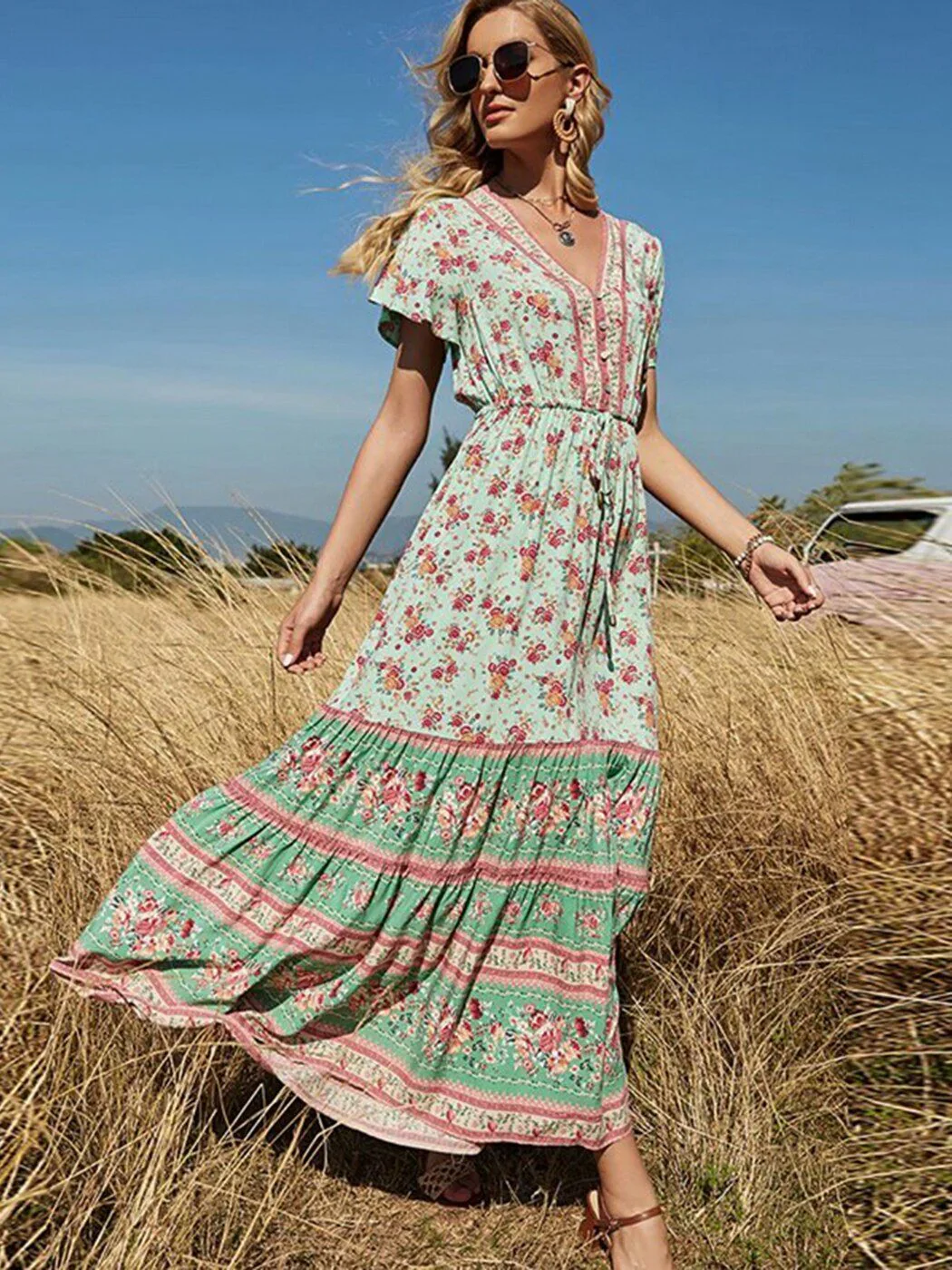 Woodland Rose Boho Floral Print Midi Dress